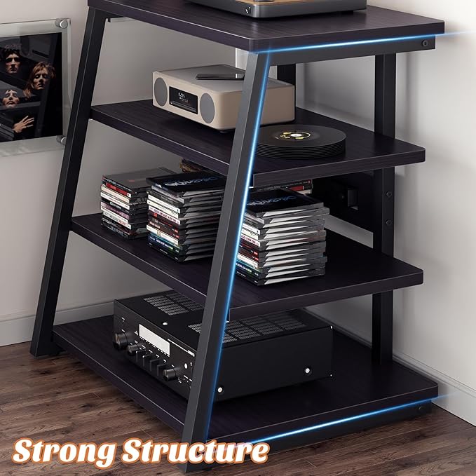 AV Media Stand with Outlets, Media Console with LED Lights, Stereo Racks and Stands with Storage Shelves, Media Audio Tower Cabinet, Black Enoby