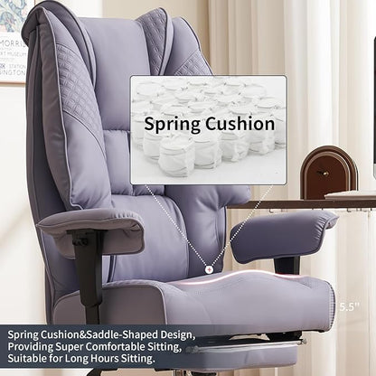 Big and Tall Office Chair 400lbs Wide Seat, Leather High Back Executive Office Chair with Foot Rest, Ergonomic Chairs Lumbar Support for Lower Back Pain Relief (Light Purple)