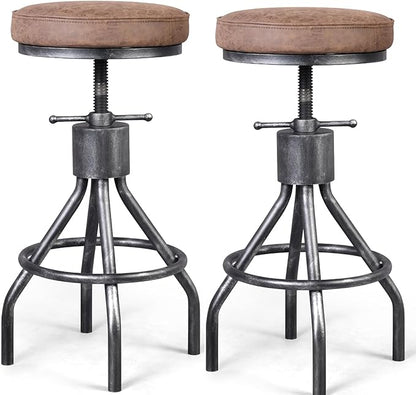 Industrial Bar Stools Swivel Pu Seat Vintage Kitchen Island Counter Stool 23-33inch Height Adjustable Rustic Shop Chair (Set of 2)