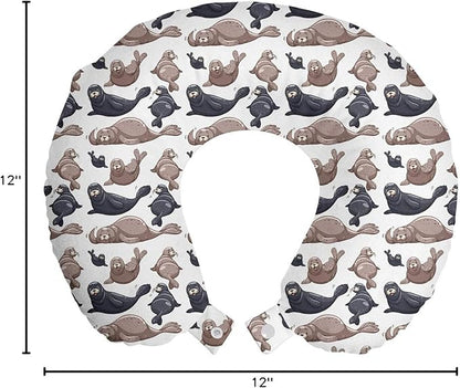 Ambesonne Sea Animals Travel Pillow Neck Rest, Seals Illustration Sea Lion Exotic Tropical Comic Graphic Wild Ocean, Memory Foam Traveling Accessory for Airplane and Car, 12", Cadet Blue Mauve
