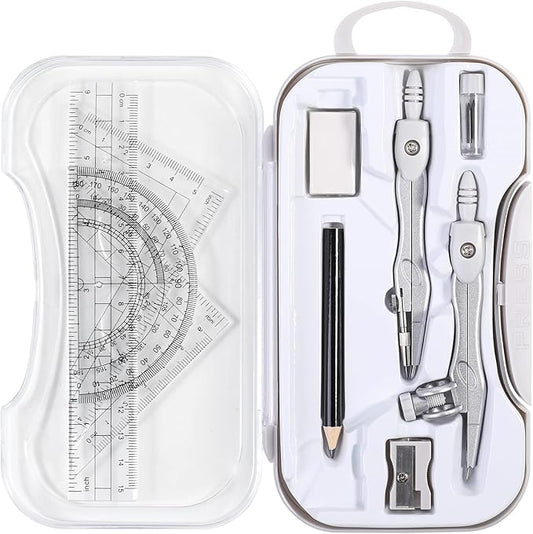 10 Pieces Math Geometry Kit Set Student Supplies with Shatterproof Storage Box,Includes Rulers,Protractor,Compass,Eraser,Pencil Sharpener,Lead Refills,Pencil,for School and Drawings（Grey）