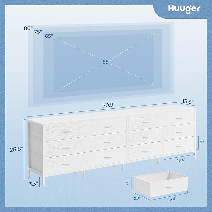 Huuger 70 Inch Dresser for Bedroom, TV Stand for 65, 75, 80 Inch TV, 12 Fabric Drawer Long Dresser, Large Storage Organizer Unit, Wide Chest of Drawer with Storage, for Living Room, White