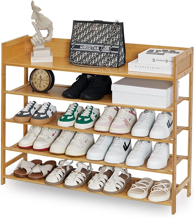 Bamboo Shoe Rack Organizer, 5 Tier Shoe Shelf Storage Organizer, for Entryway, Hallway, and Closet (Nature-39)