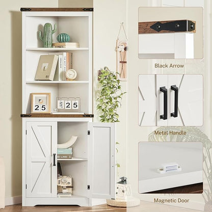 TEENFON Farmhouse Corner Cabinet, 70" H Tall Corner Hutch with 5 Shelves & 2 Barn Doors, Bathroom Cabinet with Adjustable Shelf, for Living Room, Kitchen, Bathroom, White