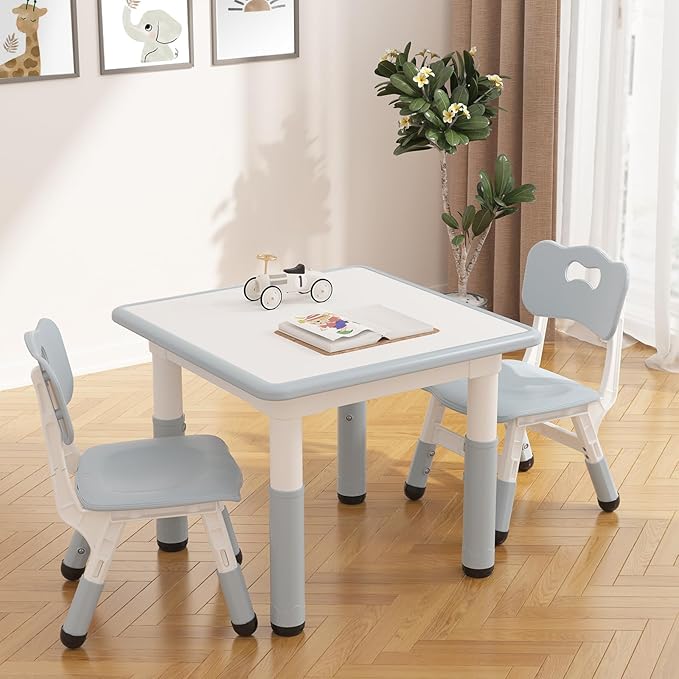 GarveeHome Kids Table and 2 Chairs Set, Height Adjustable Toddler Table and Chair Set for 2, Graffiti Desktop, Non-Slip Design, Children Table for Home Daycare Preschool for Ages 2-8, Gray Blue