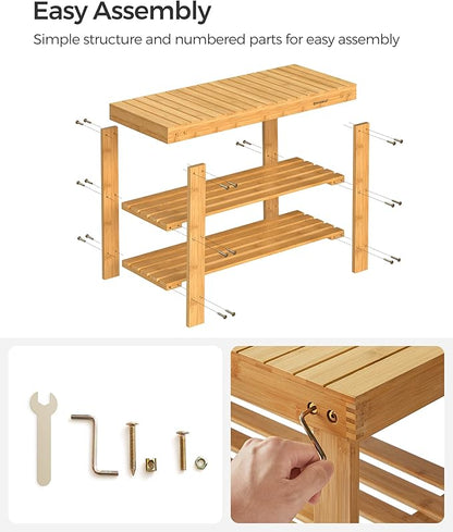 SONGMICS Shoe Rack Bench, 3-Tier Bamboo Shoe Storage Organizer, Entryway Bench, Holds Up to 286 lb, 11.3 x 27.6 x 17.8 Inches, for Entryway Bathroom Bedroom, Natural ULBS04N