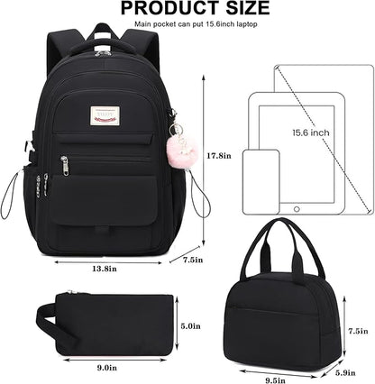 School Bag for Teens Girls,Girls Backpack Set,3 PCS Kids Backpack for Women,15.6 Inch Laptop Middle High School College Student Casual Travel Daypack with Lunch Box Pencil Pouch Set(Black)
