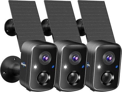 Hiseeu Security Cameras Wireless Outdoor, 3pcs Solar Powered 3K 4MP Surveillance WiFi Cameras for Home Security Outside, PIR/AI Motion Detection, Waterproof, Color Night Vision, 2-Way Audio, Black
