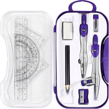 10 Pieces Math Geometry Kit Set Student Supplies with Shatterproof Storage Box,Includes Rulers,Protractor,Compass,Eraser,Pencil Sharpener,Lead Refills,Pencil,for School and Drawings（Purple）