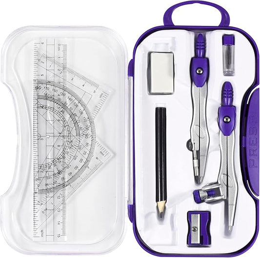 10 Pieces Math Geometry Kit Set Student Supplies with Shatterproof Storage Box,Includes Rulers,Protractor,Compass,Eraser,Pencil Sharpener,Lead Refills,Pencil,for School and Drawings（Purple）