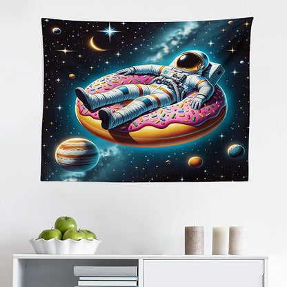 Ambesonne Funny Astronaut Tapestry, Spaceman Floating on a Donut Through the Galaxies Planets Moon, Fabric Wall Hanging Decor for Bedroom Living Room Dorm, 28" X 23", Petrol Blue Pink Orange