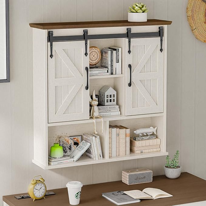 Vabches Bathroom Wall Cabinet, Farmhouse Medicine Cabinet with Double Sliding Barn Door and Adjustable Shelves, Wooden Vintage Storage Cabinet Wall Mounted for Bathroom, Kitchen Dining, Rustic White