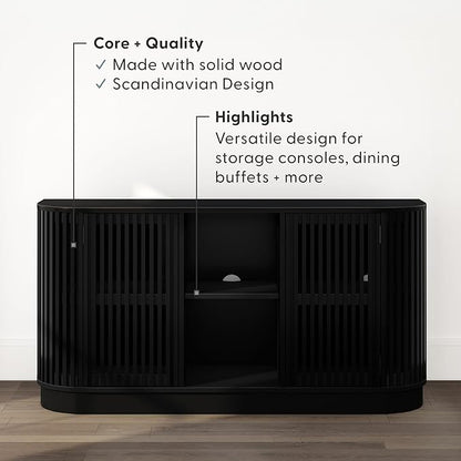 Plank+Beam Contour Wood TV Stand, Two Door Solid Wood Entertainment Console with Storage, 59" L x 16" W x 30" H, Black
