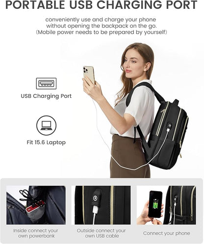 LOVEVOOK Laptop Backpack for Women, Black Business Travel Backpacks with USB Port, Water Resistant Work Teacher Computer Bag, Stylish Daypack, Fits 15.6" Laptop