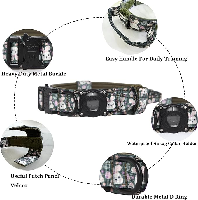 Xqpetlihai Upgraded AirTag Dog Collar Waterproof Tactical Dog Collar with AirTag Holder Heavy Duty Dog Collars for Large Dogs (Rabbit，L