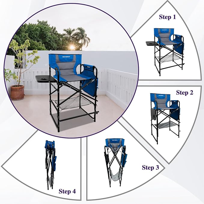 Tall Folding Directors Chair with Side Table 30.71" Seat Height Foldable Camping Chair Bar Stool for Makeup Artist Face Painting with Footrest and Storage Pocket Supports 350LBS