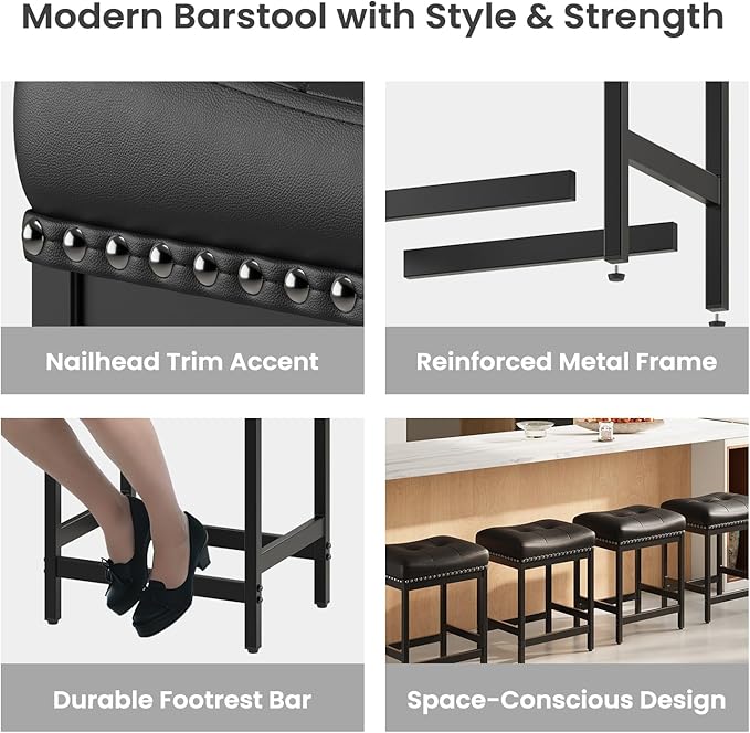MALOL Set of 3 Saddle Bar Stools Counter Height 24.4”, Black Backless Barstools for Kitchen Island, Modern PU Leather Cushioned Seat, Bar Chairs for Kitchen Counter, Breakfast Bar Stools for Home