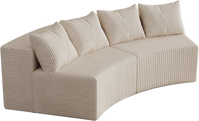 KEIKI Corduroy Curved Sectional Sofa, 2 Seater Symmetrical Modular Semi Circular Couch, Deep Seat Tufted Corner Sofa for Living Room, Lobby, Beige