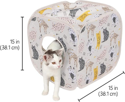 Kitty City Cat Print Pop-Up Cat Play Cube, Collapsible Indoor Cat Hideout with Peekaboo Openings, Lightweight Foldable Cat Cube for Play & Lounging, Pink