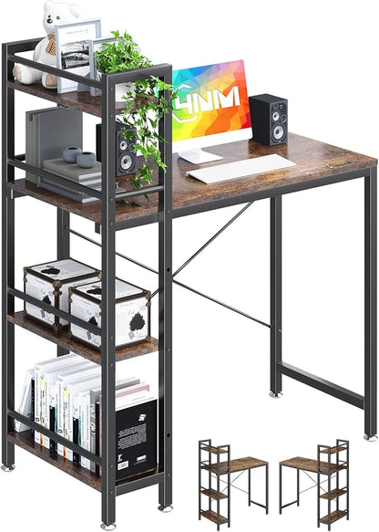 4NM 35" Small Computer Desk with 4-Tier Bookshelf, Home Office Desk Writing Workstation Study Table Multipurpose for Small Space Work - Rustic Brown and Black