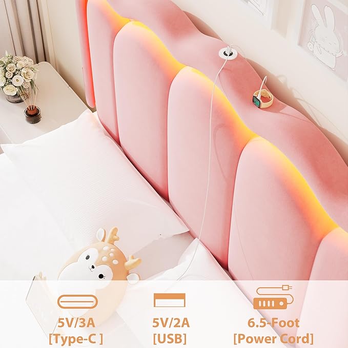 Full Upholstered LED Bed Frame with 2 Storage Drawers and Adjustable Chic Double Wavy Headboard, Velvet Princess Platform Bed with Charing Station, Solid Wood Slats Support,No Box Spring Needed, Pink