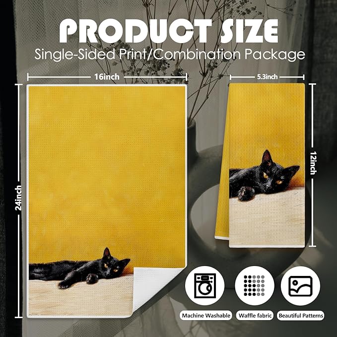 Black Cat Kitchen Dish Towels, Cat Lover Mom Lady Gifts, Mustard Yellow Moody Kitty Kitten Decorative Hand Tea Towels for Bathroom Kitchen, 16x24 Inches Set of 2