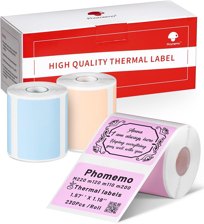 Phomemo Labels,Thermal Color Label,1.57'' x 1.18''Square Self-Adhesive Sticker Paper for Phomemo M110 M220 M221 M120 M108 M150 M250 M260 M160 M200 Printer, for Barcode,Name,Address (Pink/Blue/Khaki