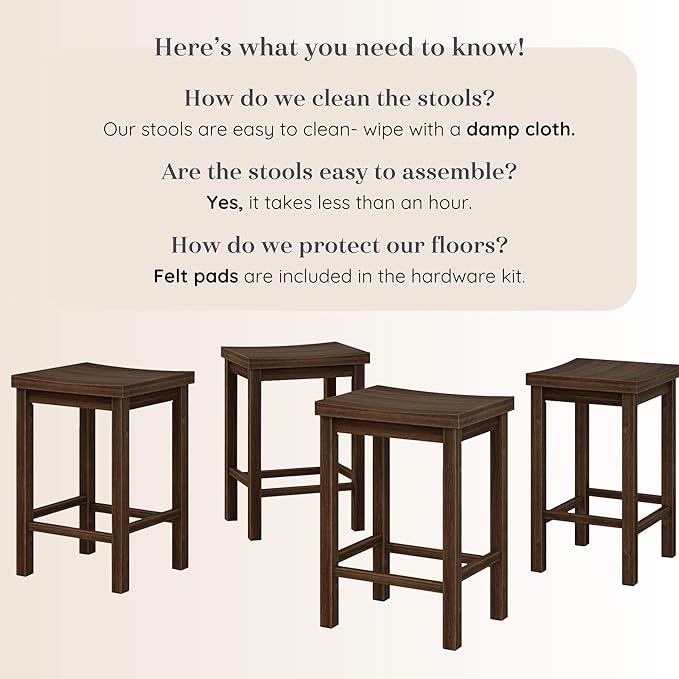 Grain & Grove Smith Collection Set of 4 Solid Wood Counter Height Bar Stools, 24-Inch Saddle Seat Backless Stools, Ideal for Kitchen Island, Dining, or Home Bar Seating, Walnut