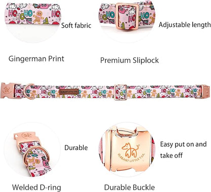 Elegant little tail Christmas Dog Collar, Pink Gingerbread Man Print Pet Collar Dog Durable Cute Dog Collars Winter Holiday Male or Female Pet Gift Adjustable Dog Collar for Small Puppy