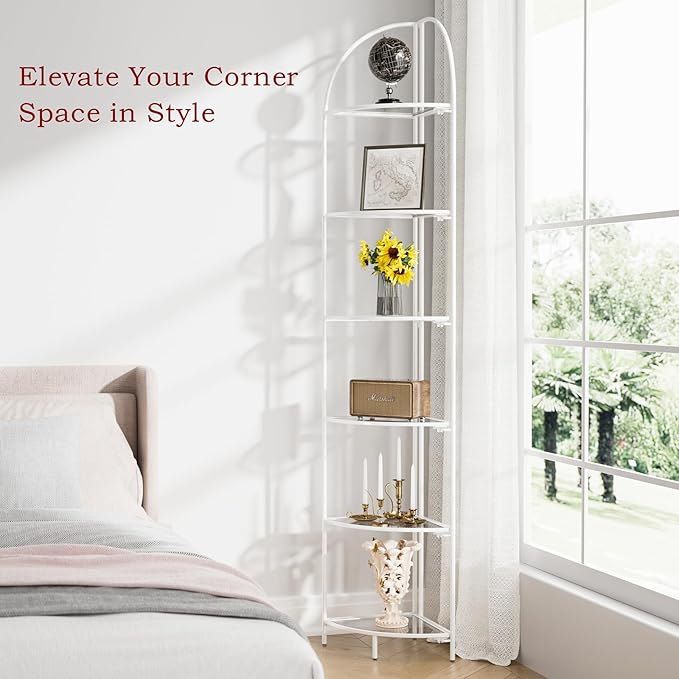 Crofy Foldable 6 Tier Corner Shelf, Metal Corner Plant Stand with White Frame and Transparent Shelves, Corner Display Rack Multipurpose Shelving Unit for Living Room, Bedroom, Bathroom