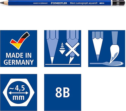 Staedtler Mars Lumograph Graphite Watercolor Pencils, Box of 12 8B Lead Pencils, 100A-8B