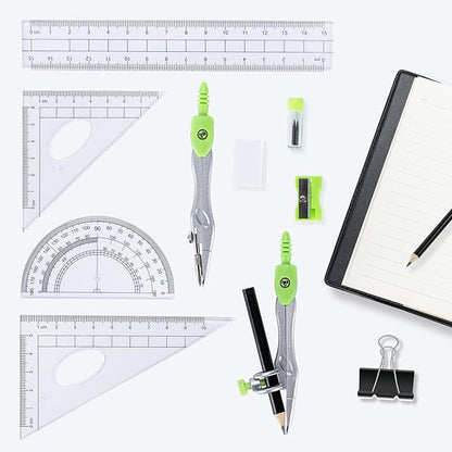 10 Pieces Math Geometry Kit Set with Shatterproof Storage Box, Student Supplies Includes Rulers,Protractor,Compass,Pencil Sharpener,Lead Refills,Pencil,Eraser for School and Drawings