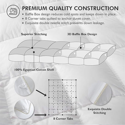 Luxurious White Solid Medium Weight, California King Size Goose Feathers Down Comforter for All-Season Weather Duvet Insert, Premium Baffle Box, 100% Egyptian Cotton Cover, 70 oz. Fill Weight