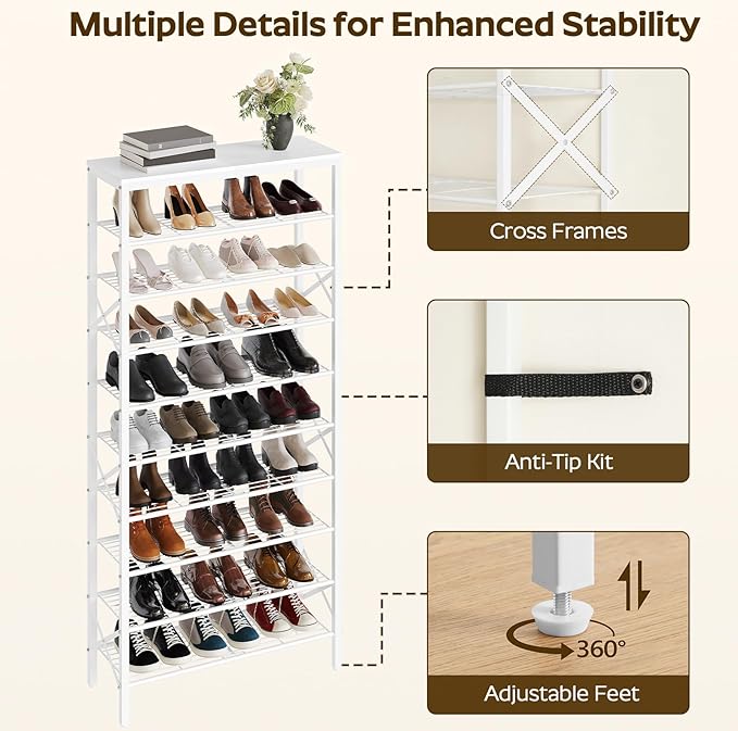 10 Tier Shoe Rack, Large Capacity Shoe Storage Organizer Holds 40 Pairs, Sturdy and Stable, for Entryway, Hallway, Closet, Dorm Room, White SS10WW
