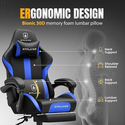 GTRACING Gaming Chair with Foot Rest & Pocket Spring Cushion, Ergonomic High Back Computer Chair with Headrest & 360°-Swivel Seat for Home Office Desk, PU Leather, Blue