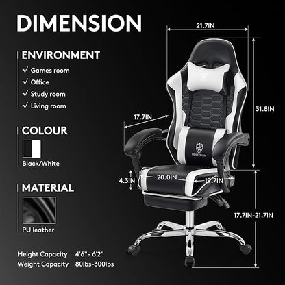 Gaming Chair,Computer Office Chair with Footrest,Massage Lumbar Support and Gel Pad,Ergonomic Reclining Adjustable Leather Gamer Chair with Headrest and Spring Cushion Black White