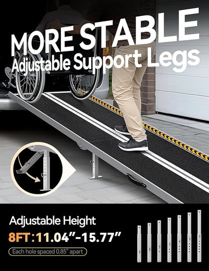 FACHNUO 8 Feet Portable Wheelchair Ramp, Non-Skid Aluminum Handicap Ramps with Handle, Folding Threshold Wheel Chair Ramp for Home Steps, Stairs, Entry, Threshold, Doorways, Scooter, 800LBS Capacity