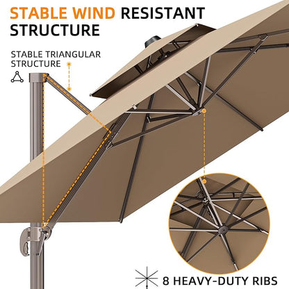 10' X 13' Outdoor Patio Umbrella Large Rectangle Cantilever Umbrella with Base Included, Heavy Duty 360°Rotation Offset Umbrella for Garden Deck Pool Patio,Brown