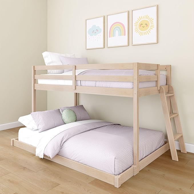 Grain & Grove Bear Twin Over Full Bunk Bed, Low Bunk Bed Frame for Kids, Bunk with Ladder, Guardrail and Slats, No Box Spring Required, Oak Embossed Natural