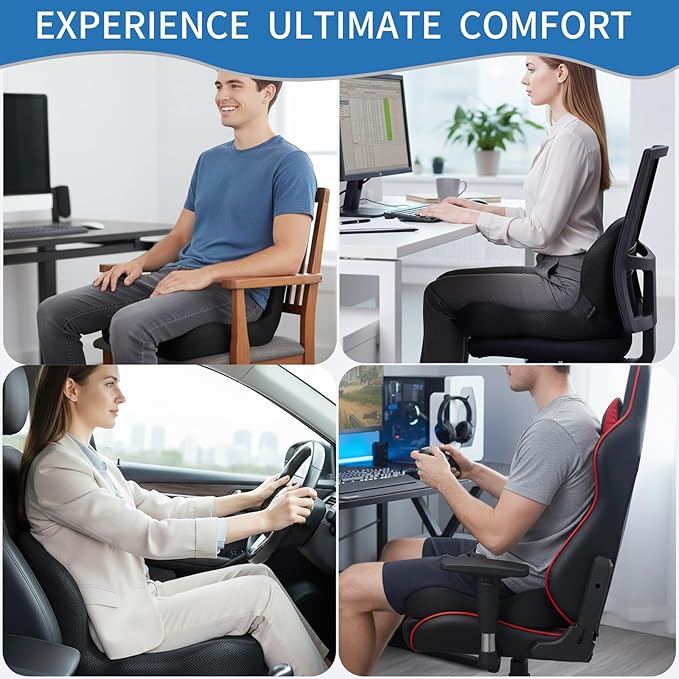 Memory Foam Seat Cushion,Office Chair Cushion with Lumbar Support for Back Pressure Relief, Car Seat Cushion with Adjustable Strap,Sciatica Pad Cushions for Car,Truck (Black+Mesh Cloth)