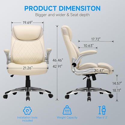 COMHOMA Big and Tall Office Chair, High Back Leather Executive Chair with Pocket Spring Lumbar Support and Flip-up Armrests, Swivel Managerial Office Chair with Adjustable Height， Beige