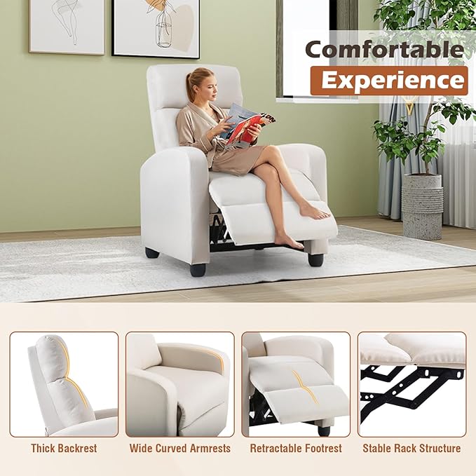 BestMassage | Recliner Chair | No Massage Function | Textile Beige | with Lumbar Support, Adjustable Push Back, Wide Armrests, Footrest & Padded Seat | Easy Assembly | for Living Room, Home Theatre