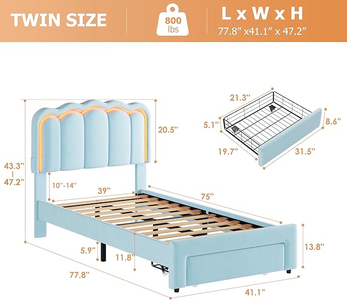 Twin Upholstered LED Bed Frame with Storage Drawer and Adjustable Chic Double Wavy Headboard, Velvet Princess Platform Bed for Kids/Girls, Solid Wood Slats Support, No Box Spring Needed, Blue