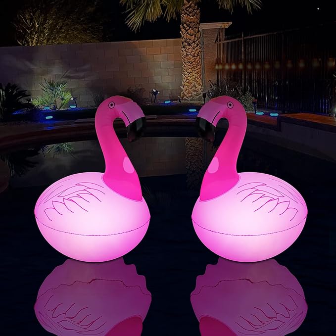 Floating Pool Lights Pack of 2, Solar Flamingo Pool Lights Waterproof, Glow in The Dark Solar Floating Pool Lights, Inflatable Floating Lights for Pool Wedding Party Decorations