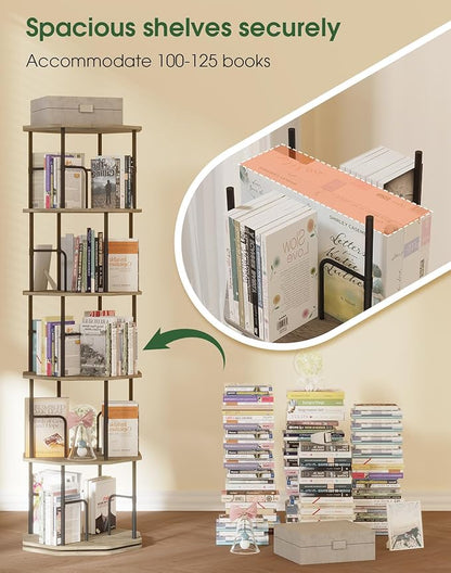 5 Tier Rotating Bookshelf, 360 Display Round Spinning Bookshelf Tower for Kids Room, Corner Shelf for Living Room, Office, Bedroom, Black