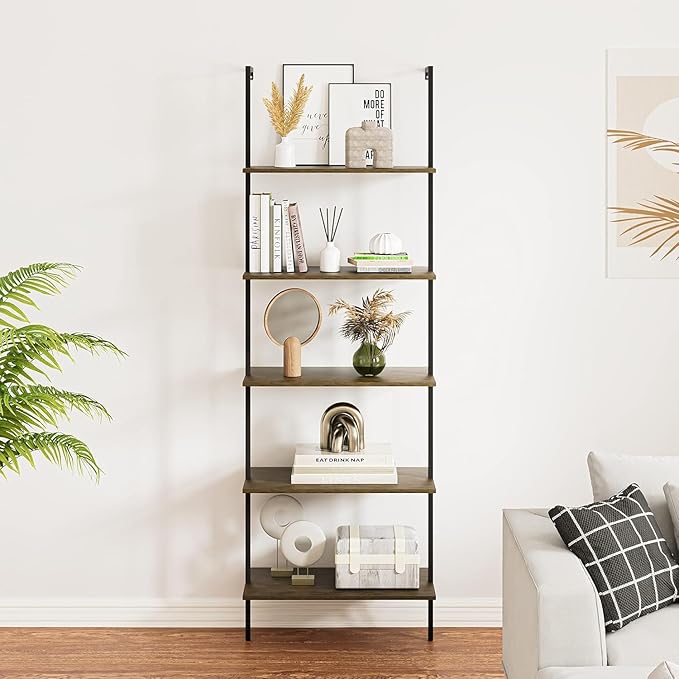 5 Tiers Ladder Shelf Brown Modern Bookshelf Open Tall Wall Mount Bookcase Standing Leaning Wall Shelves Industrial Decorative Living Room Bed Room