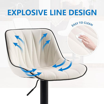 YOUNIKE Bar Stools Set of 2 for Kitchen Island, White Faux Leather Padded Bar Stools, Adjustable Barstools with Back, Modern Tall Bar Stools with 300LBS Support, Counter Height Swivel Bar Chairs
