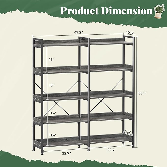 Huuger 5 Tier Bookshelf, Display Bookshelf with 10 Open Shelves and Raised Baffle, 47.2 Inch Straight Wide Bookcase with Metal Frame and Wooden Board, Adjustable Feet, Grey