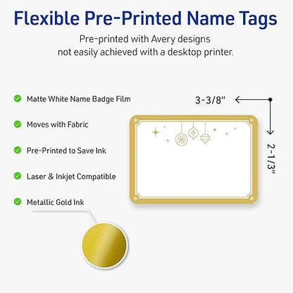 Avery Printable Christmas Adhesive Name Badges, Rectangle, 2-1/3" x 3-3/8", Pre-Printed Metallic Gold Hanging Ornaments Design, Matte White, Laser & Inkjet Compatible, 80 Total