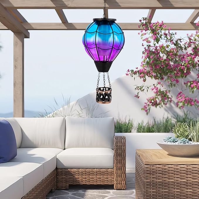 Solar Hot Air Balloon Lantern with Flame Flickering LED Glass Hot Air Balloon Solar Lanterns Outdoor Waterproof Hanging Lights for Patio,Porch,Yard,Garden Decor Mother Day Gifts for Women
